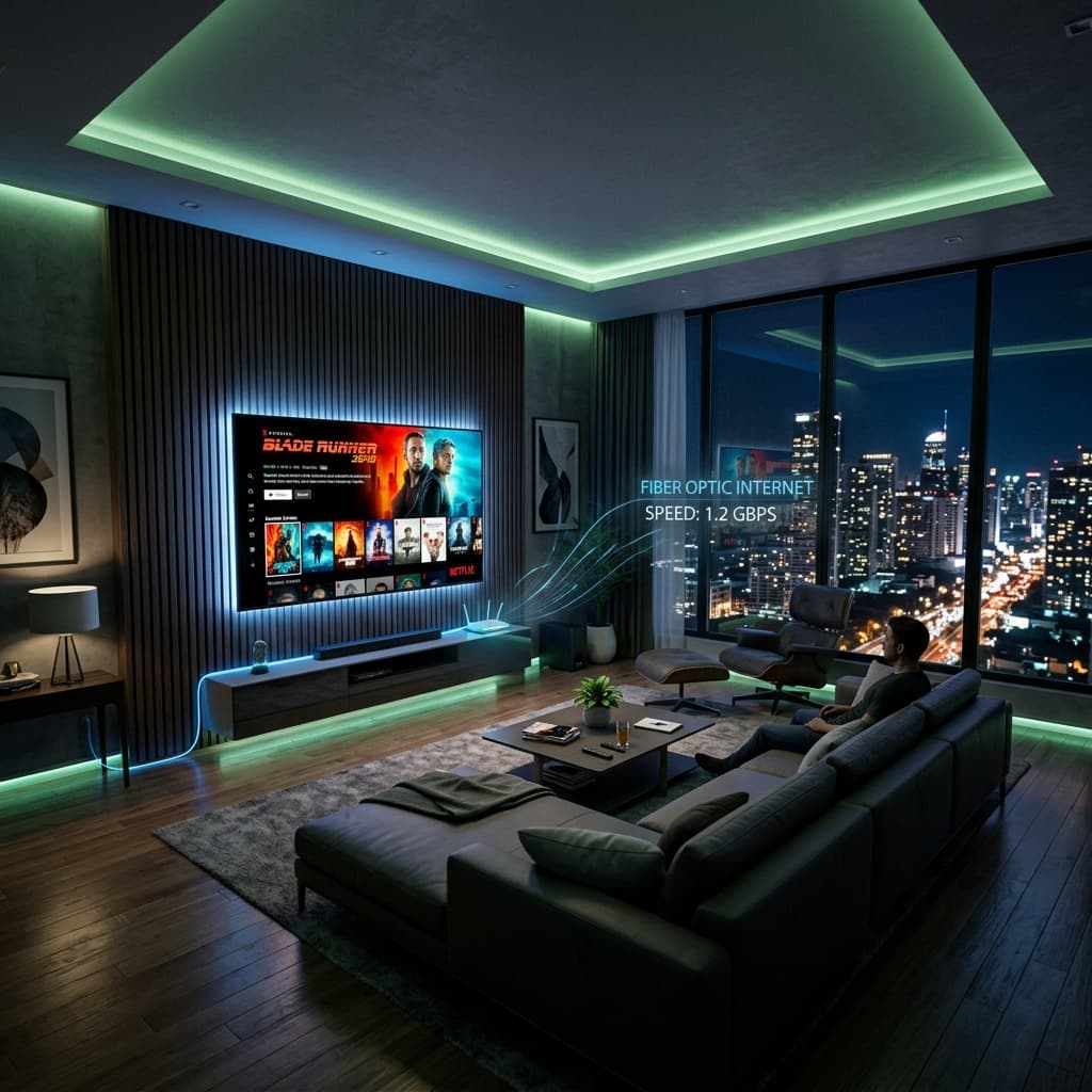 Modern living room interior with comfortable seating and ambient lighting